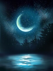 Obraz na płótnie Canvas blue moon and stars with silhouette forest