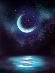Naklejka na ściany i meble bluely moon and stars with northern forest