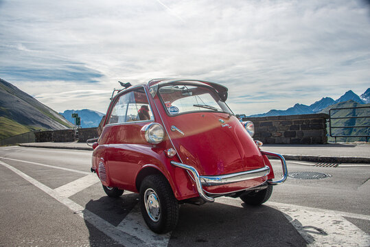 Little red Classic  BMW ISETTA 300 at the Franz Josef Heigh, at Grossglockner High Alpine Road