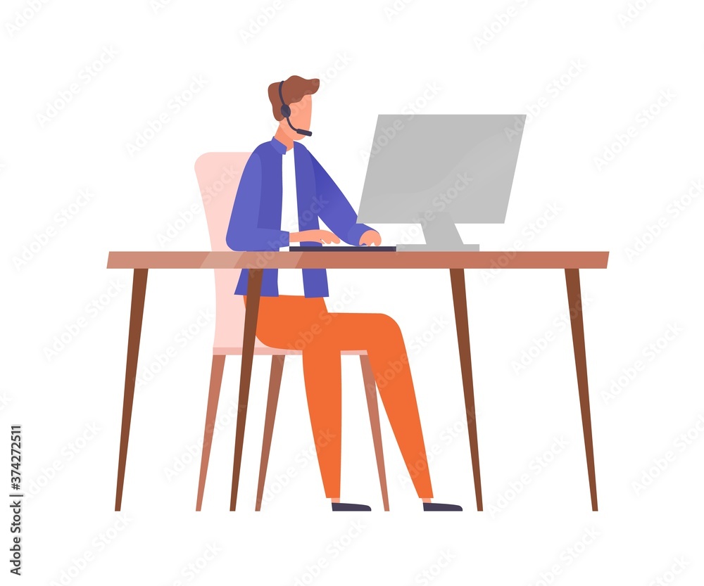 Poster Male character in headset sitting at table with computer vector flat illustration. Guy worker of call center, hotline or customer support isolated. Man specialist or operator of helpline service
