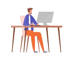 Male character in headset sitting at table with computer vector flat illustration. Guy worker of call center, hotline or customer support isolated. Man specialist or operator of helpline service