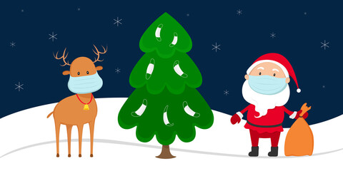 Santa Claus and reindeer in medical masks stand near Christmas tree. Cartoon. Vector illustration.