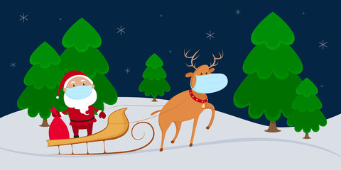 Obraz na płótnie Canvas Santa Claus in medical mask riding on reindeer sleigh. Vector illustration.