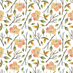 Watercolor floral background seamless pattern with autumn flowers leaves and plants