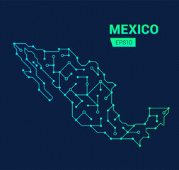 Abstract futuristic map of Mexico. Electric circuit of the country. Technology background.