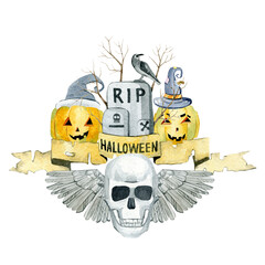 Watercolor Halloween pumpkin, skull, holiday illustration. Magic, scary, symbol of horror. Can be use in holidays posters, invitations card.