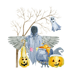 Watercolor Halloween pumpkin, ghost, skull and other details characteristic of Halloween. Holiday illustration. Magic, scary, symbol of horror. Can be use in holidays posters, invitations card.