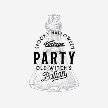 Vintage Style Party Halloween Logo or Label Template. Hand Drawn Poison or Potion Falsk Bottle Sketch Symbol and Retro Typography.