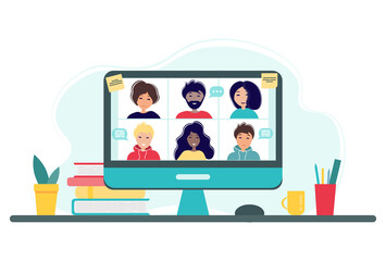Online meeting via group call. Home office concept with computer, books and cup. Group of people doing video conference. Vector illustration in flat style. Stay at home. Self-isolation.