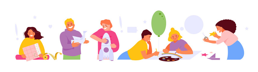 Children hobby and creativity. Drawing, sewing, origami, construction. Education and talent development