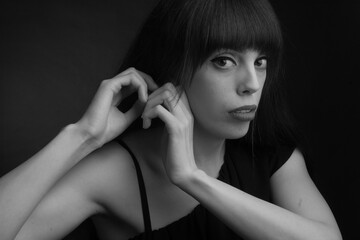 black and white portrait of brunette with long hair