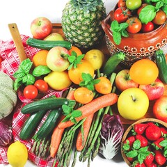 composition of fruits and vegetables viewed from above, concept of healthy and fresh food