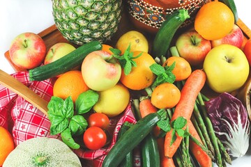 composition of fruits and vegetables viewed from above, concept of healthy and fresh food