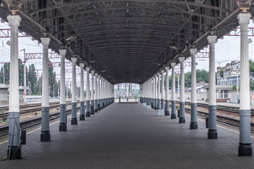 Konotop, Sumy Oblast, Ukraine - 24 August, 2020: Empty railway platform in the style of the 19th century. Konotop railway station, Ukraine.