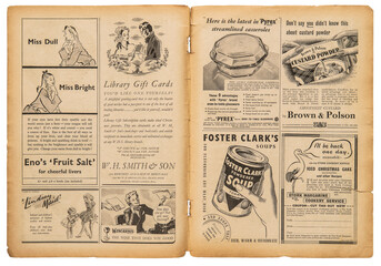 Fototapeta na wymiar Newspaper page english text vintage advertising pictures