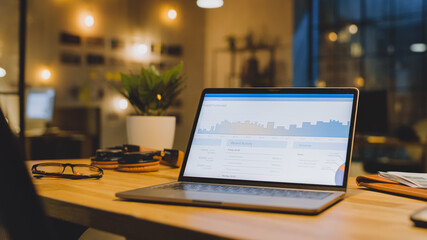 Laptop on the Desk in the Office Shows Company Growth Data with Graphs, Charts, Software UI. In the...
