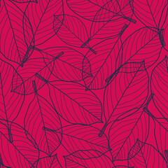 Vector dark navy blue leaves pink seamless pattern