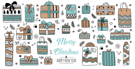Merry Christmas greeting card blue with modern gifts. Vector illustration.
