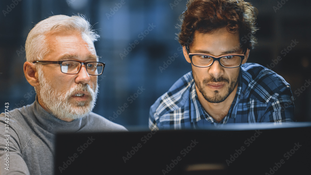 Poster chief creative designer shows desktop computer screen to a young developer, they discuss project. tw