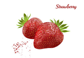 Strawberry  watercolor illustrations with water drops in isolated white background