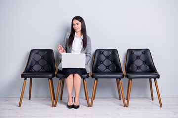 Portrait of her she attractive classy dissatisfied lady agent broker sitting in chair using laptop...