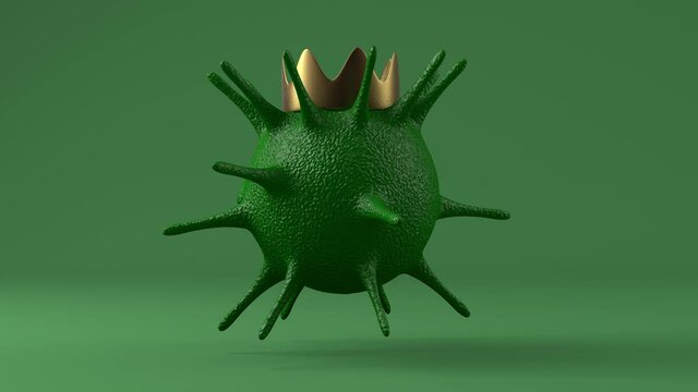 3D animation of a green one-eyed monster, a virus with a Golden crown. The idea of a coronavirus, covid-19, pandemic and second wave.
