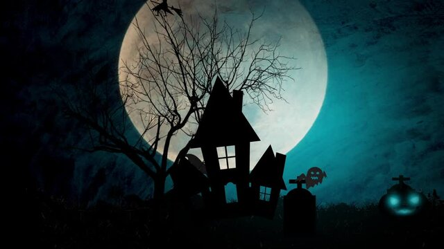 Halloween party with pumpkins devils celebrated with their friends in full moon dark night background
