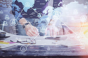 Man's hands working with notes background. Social networking concept.