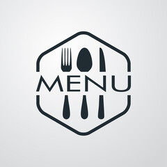 Logotipo lineal palabra Menu con cubiertos en hexágono en fondo gris