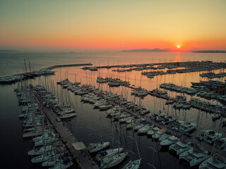 Obraz premium Aerial drone bird's eye view of marina in Athens with docked yachts.