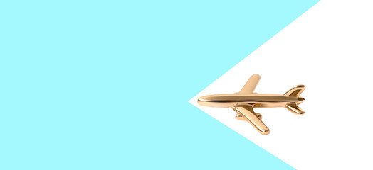 Flat travel concept design with a plane on a blue and white background with copy space