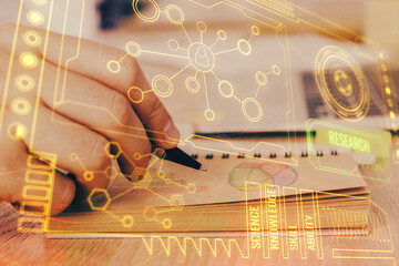 Writing human hands with data theme multi exposure icons.