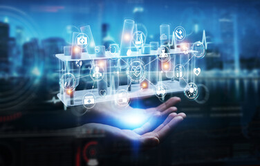 Man hand holding and touching holographic tubes samples projection 3D rendering