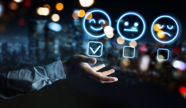 Man hand using customer satisfaction rating interface 3D rendering