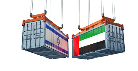 Freight containers with United Arab Emirates and Israel flag. 3D Rendering 