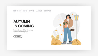 Autumn is coming for landing page, banner. Female character walks through the autumn Park holding an autumn bouquet of leaves. Flat style vector illustration.