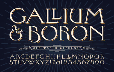 Gallium & Boron elemental typography alphabet. Elegant wide old-style capital font with subtle flourishes and details.