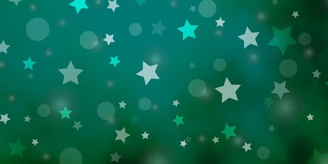 Light Green vector pattern with circles, stars. Glitter abstract illustration with colorful drops, stars. Pattern for design of fabric, wallpapers.