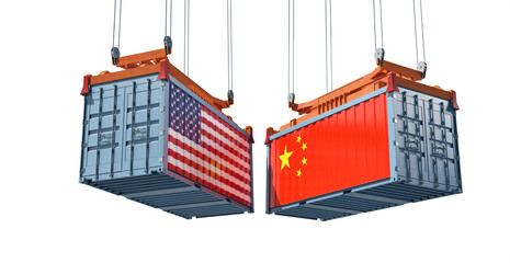 Freight containers with USA and China national flags. 3D Rendering 