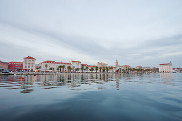 Travel by Croatia. Beautiful landscape with Split Old Town on sea shore.
