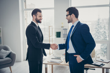 Profile side view of two nice attractive ambitious trendy imposing cheerful cheery men expert employer hr ceo boss chief shaking hands hiring talent at light white interior workplace workstation