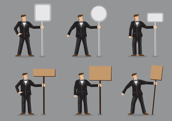 Fototapeta premium Man in Black Formal Suit Holding Sign Post Vector Illustration