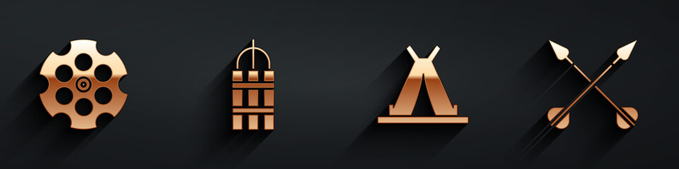 Set Revolver cylinder, Detonate dynamite bomb stick, Indian teepee or wigwam and Crossed arrows icon with long shadow. Vector. © Vadim