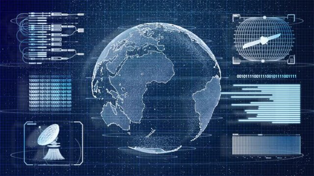 3D Blue digital HUD Earth world information scanning hologram user interface background. Military and Space technology concept. Futuristic environment and economic. 4K motion graphic footage video