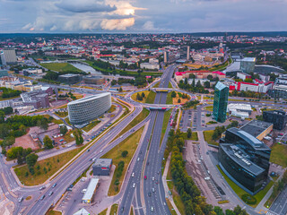 Vilnius traffic in the evening light, aerial