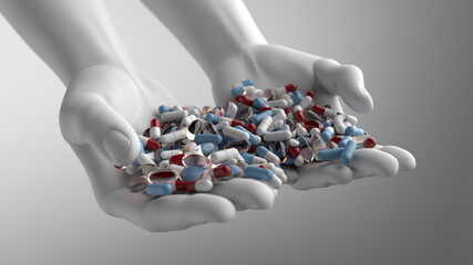 Bright 3d render  with colored and transparent pills on white hands. Blue, red colors. Soft light and shadows. With depth of field effect.