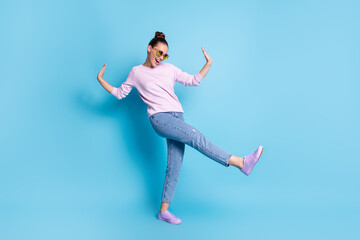 Full length photo of positive cheerful energetic girl dance disco wear lilac pullover gumshoes...