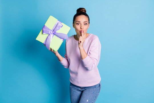 Hush Be Speechless Voiceless Its Secret. Funny Funky Girl Prepare Dream Gift Box Friend Anniversary Put Index Finger Lips Wear Lilac Sweater Denim Jeans Isolated Blue Color Background