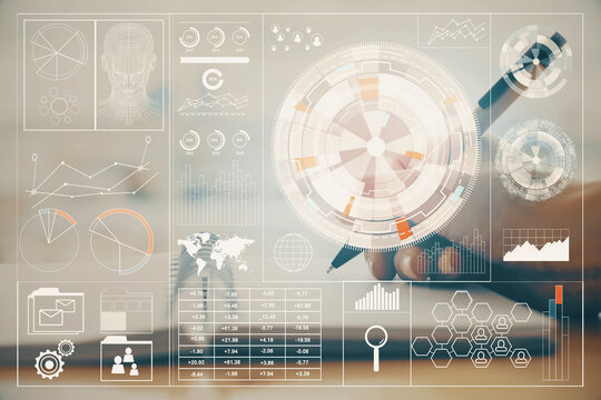 Double exposure of writing hands on background with data solution hologram on front. Technology concept. Close up