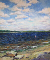 Dark blue Volga river in Samara, oil painting